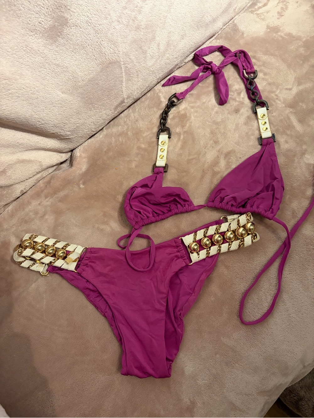 Beach Bunny Magenta Bikini Set with Gold Hardware